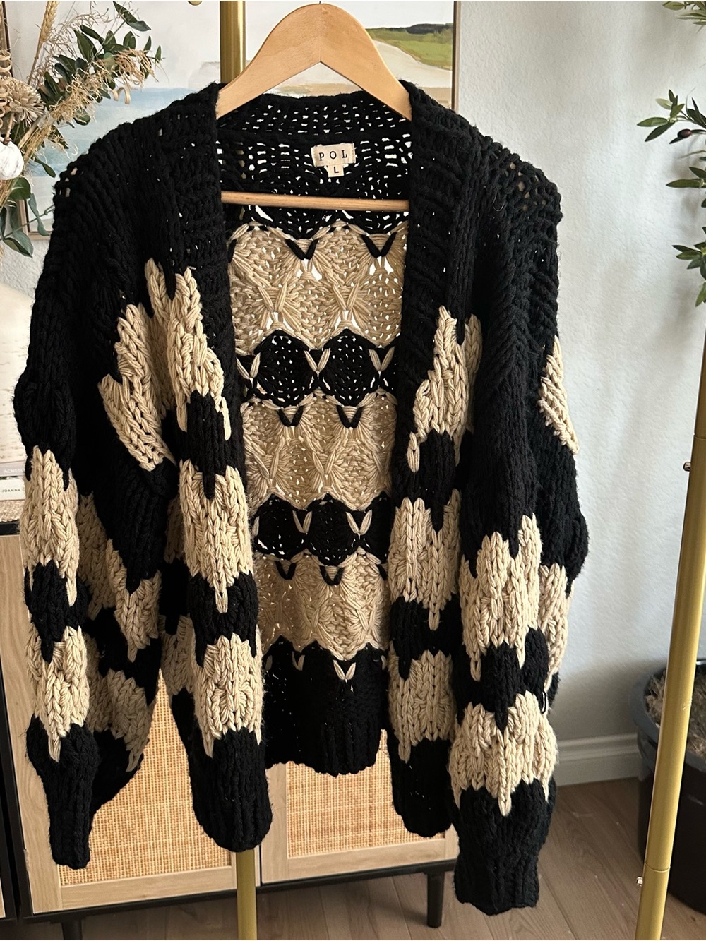 POL Chunky Open-Knit Cardigan Sweater — Black & Cream Size Large